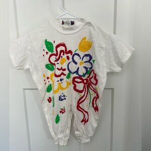 Vintage Doe-Spun: Bright Cotton Flower Romper Crawler: Size 3-6 months